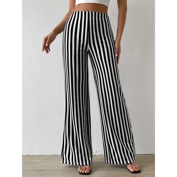 High Waisted Vertical Striped Flare Leg Pants minimalist black white - Picture 6 of 7